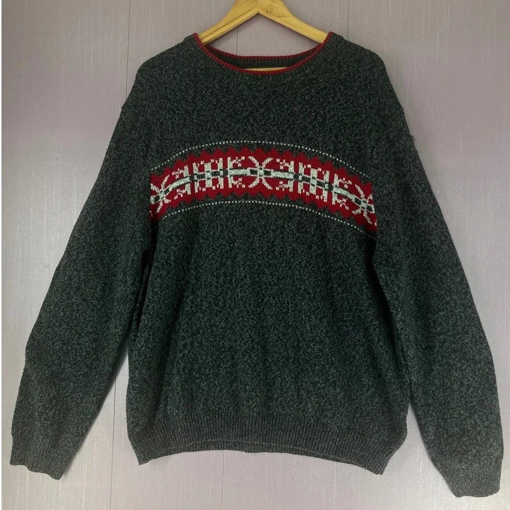 Eddie Bauer Mens XL Charcoal Grey Fair Isle Nordic Cotton Blend Crewneck Sweater
